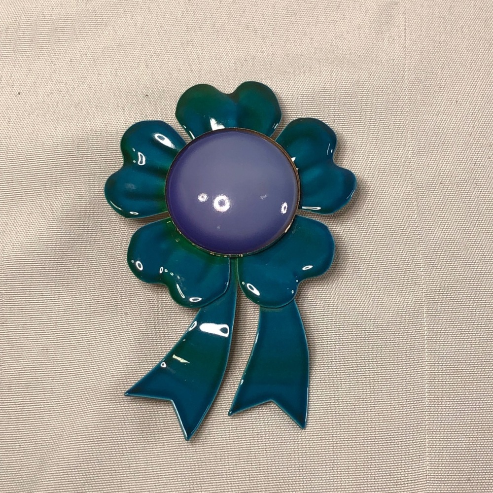 Vintage Teal Enamel Flower Brooch Purple Cabochon Gold Tone Ribbon Pin